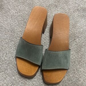 Italian Shoemakers Olive Green Suede Slide Mules with Wood-Look Block Heel
